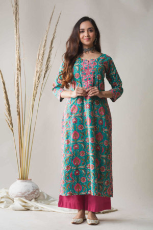 Image for Kusvaa Wsr166 Firoza Nila Block Printed Straight Fit Kurta Featured