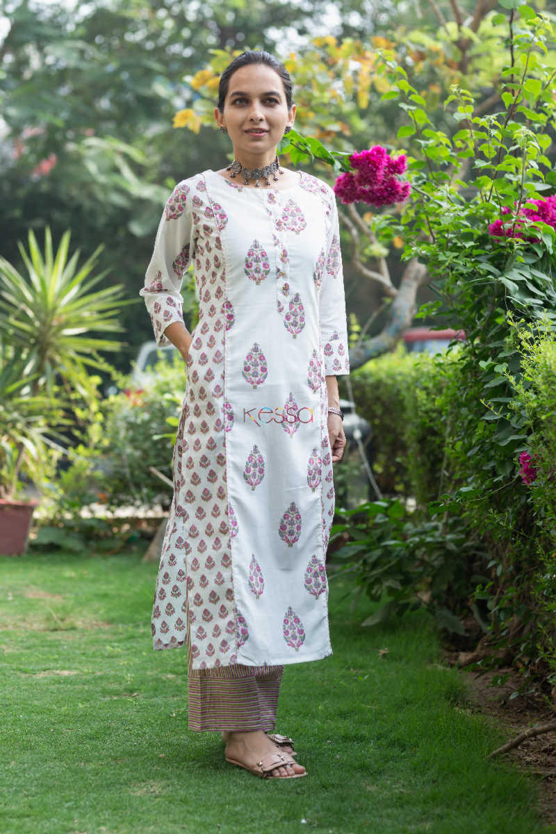 Image for Kusvaa Wsr169 Gulbahari Hand Block Printed Kurta With Pants Set 1 Look
