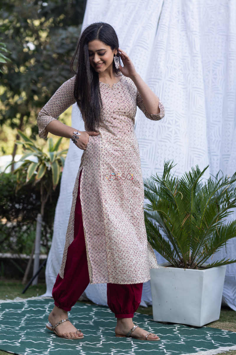 Image for Kusvaa Wsr171 Praval Cotton Hand Block Print A Line Kurta Look