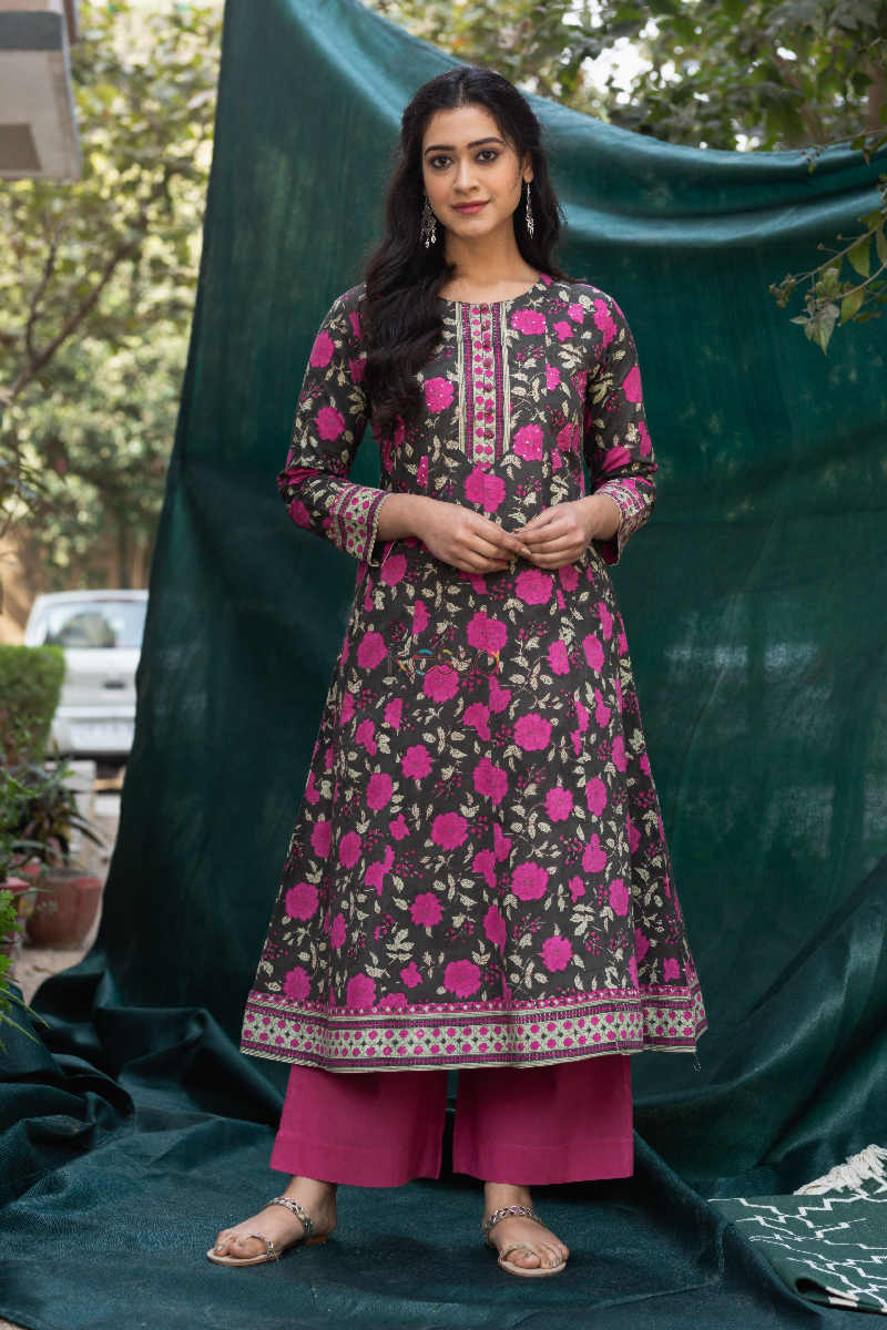 Image for Kusvaa Wsr172 Lunar Green Gulzar Block Print Kali Kurta Featured