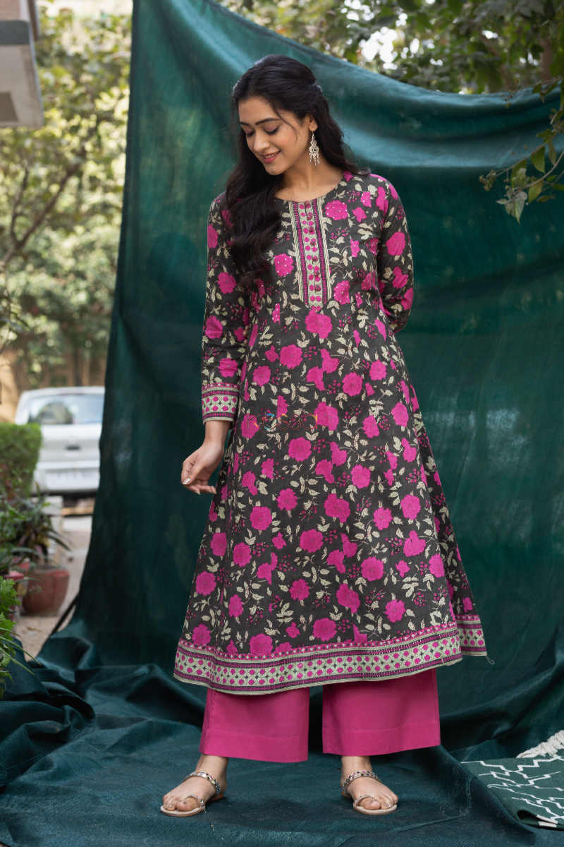 Image for Kusvaa Wsr172 Lunar Green Gulzar Block Print Kali Kurta Front