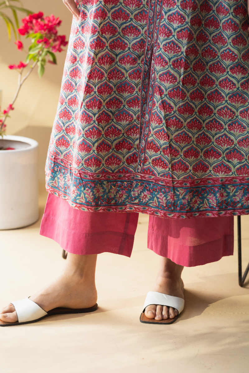 Image for Kusvaa Wsr174 Gul Hand Block Printed Kurta With Zari And Sequin Work Bottom