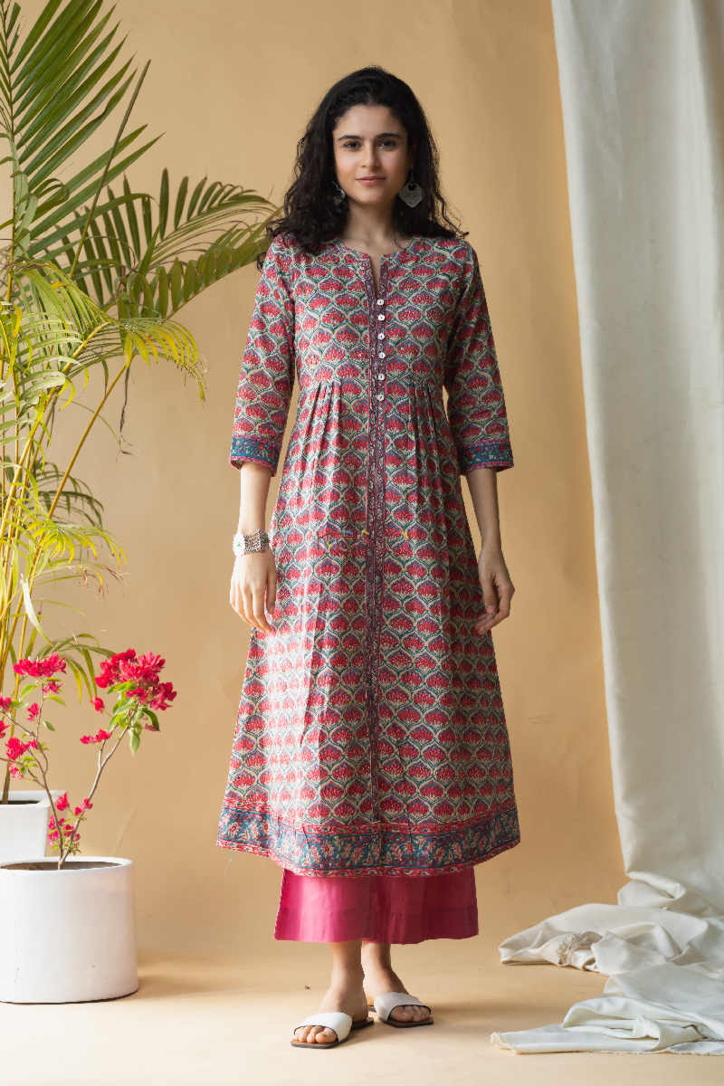 Image for Kusvaa Wsr174 Gul Hand Block Printed Kurta With Zari And Sequin Work Featured