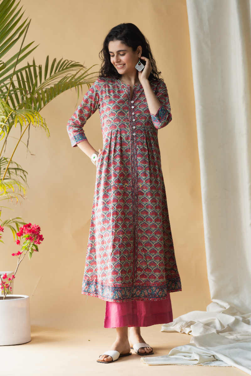 Image for Kusvaa Wsr174 Gul Hand Block Printed Kurta With Zari And Sequin Work Front