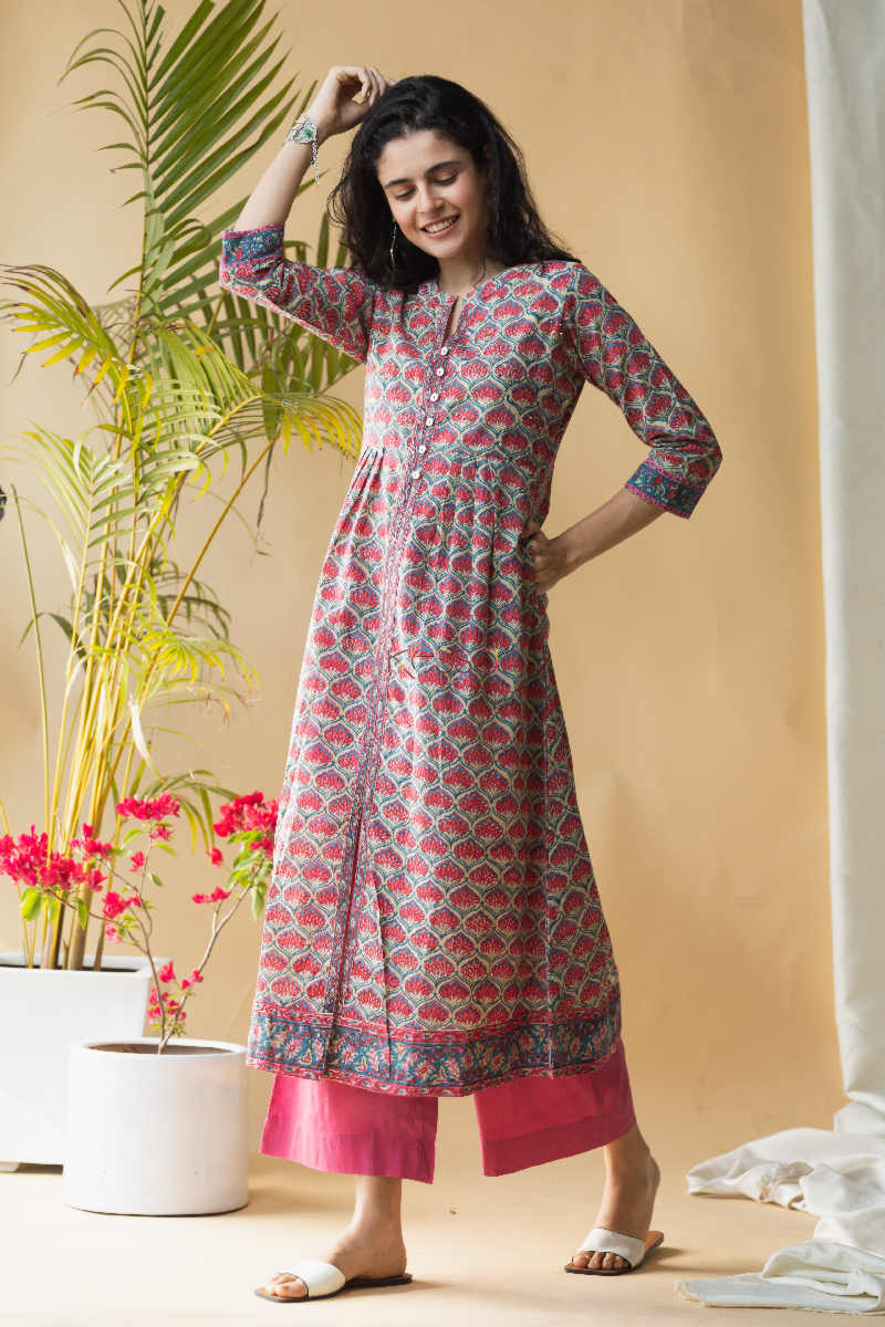 Image for Kusvaa Wsr174 Gul Hand Block Printed Kurta With Zari And Sequin Work Look