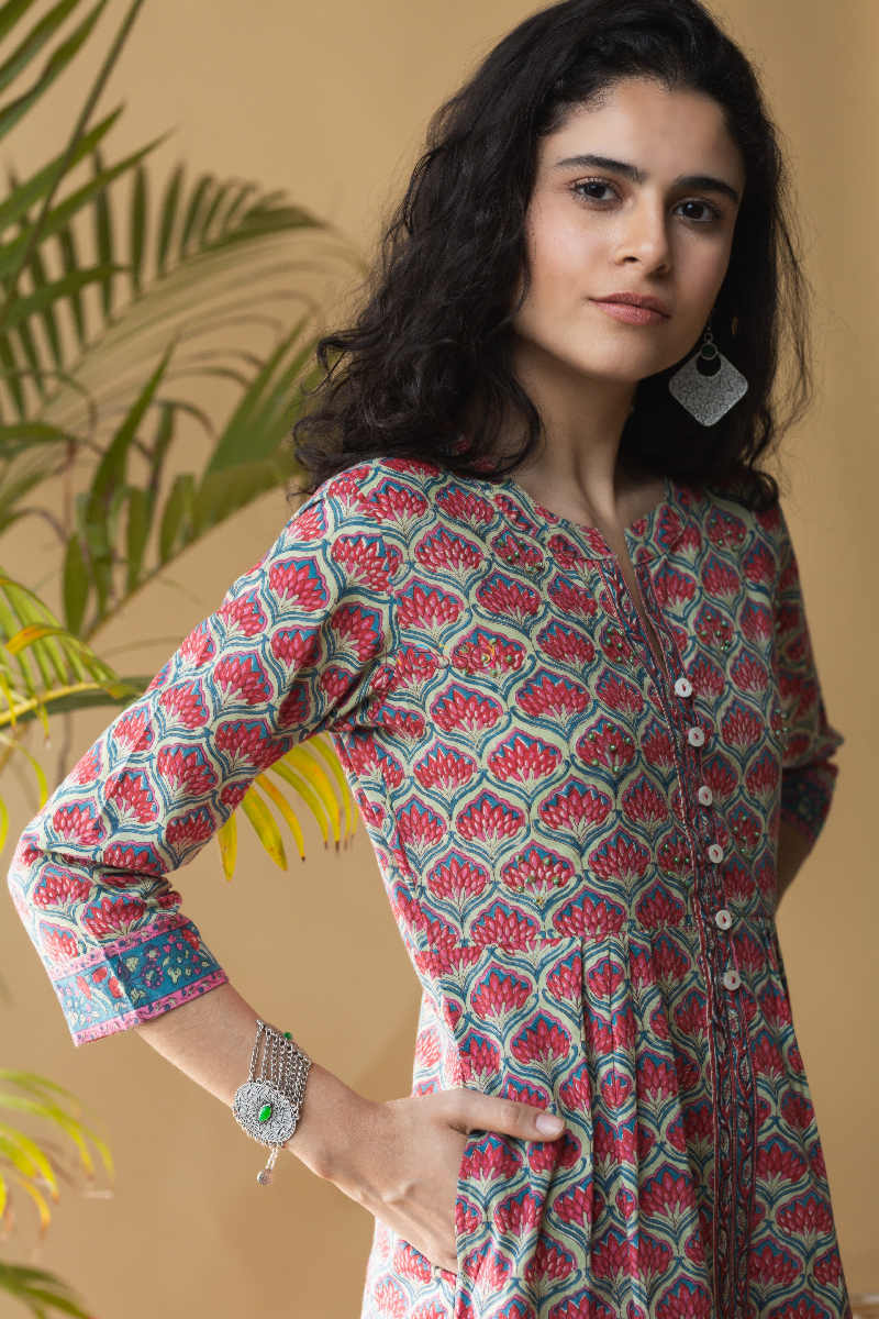 Image for Kusvaa Wsr174 Gul Hand Block Printed Kurta With Zari And Sequin Work Top