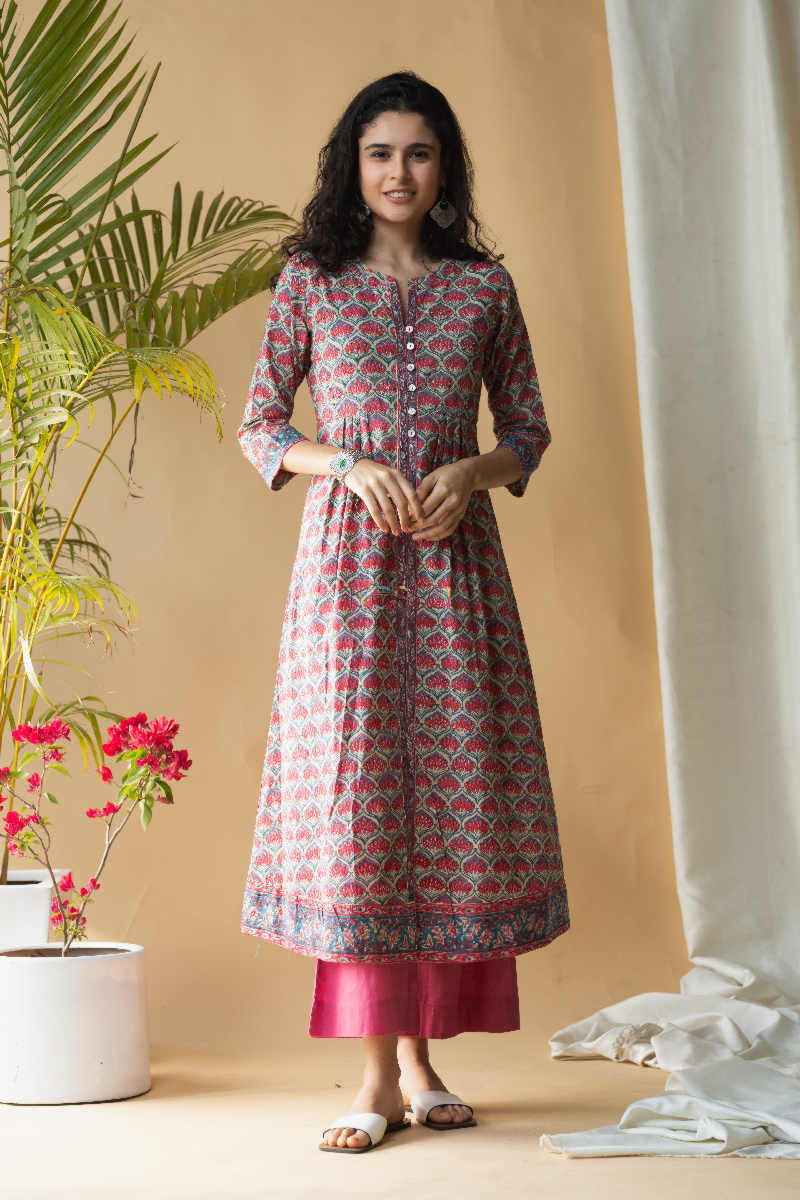 Image for Kusvaa Wsr174 Gul Hand Block Printed Kurta With Zari And Sequin Work