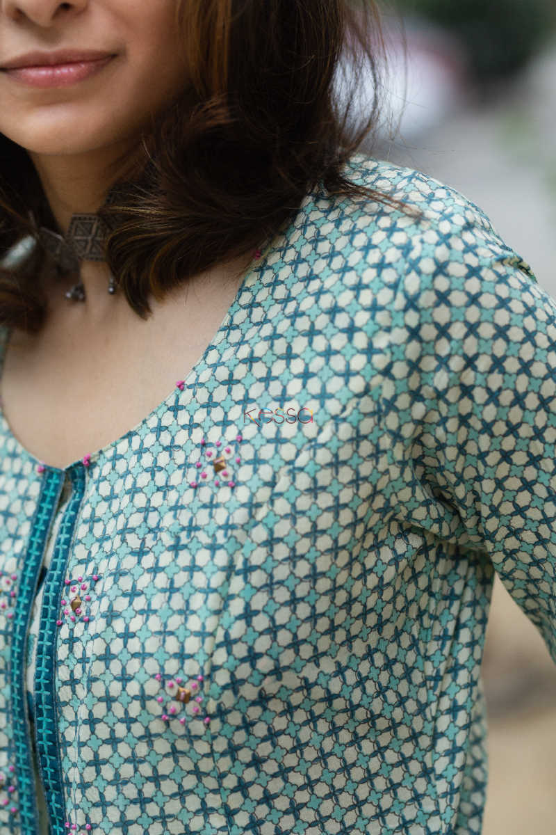 Image for Kusvaa Wsr175 Mayuri Hand Block Print Double Layered Kurta 1 Closeup