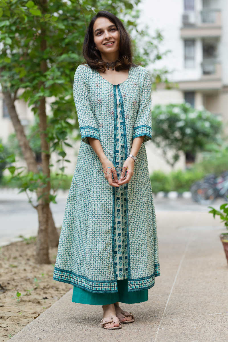 Image for Kusvaa Wsr175 Mayuri Hand Block Print Double Layered Kurta 1 Front
