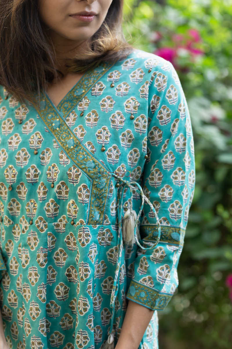Image for Kusvaa Wsr177 Persian Green Hand Block Print Kurta 1 Closeup