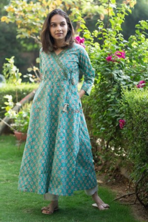 Image for Kusvaa Wsr177 Persian Green Hand Block Print Kurta 1 Feautred