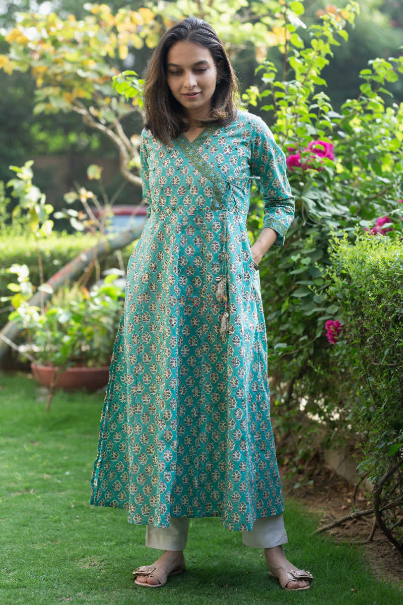 Image for Kusvaa Wsr177 Persian Green Hand Block Print Kurta 1 Front 1