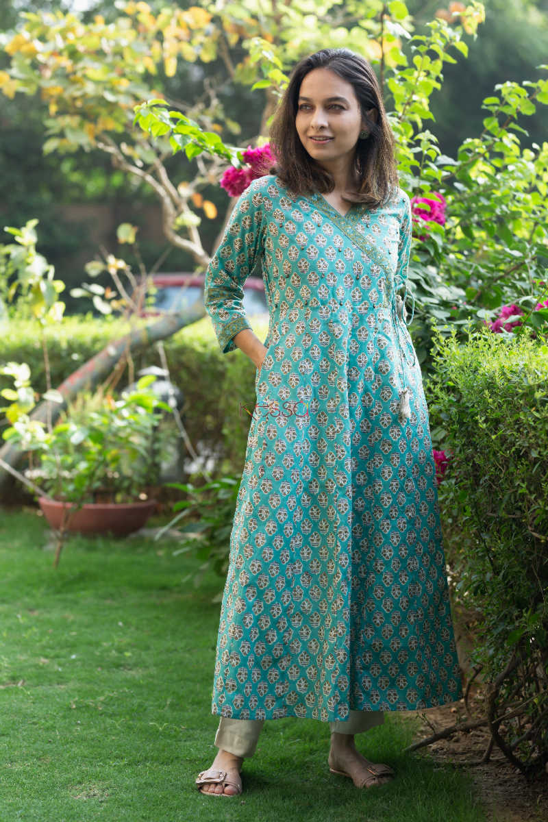 Image for Kusvaa Wsr177 Persian Green Hand Block Print Kurta 1 Front