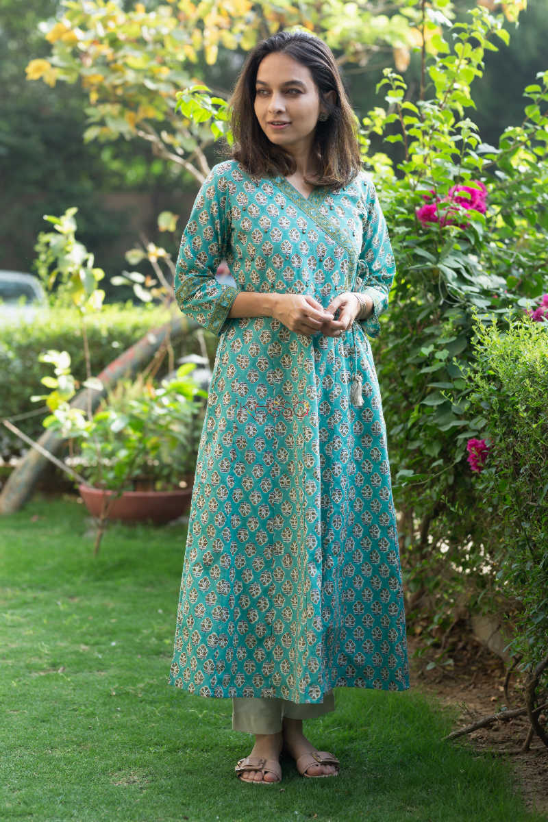Image for Kusvaa Wsr177 Persian Green Hand Block Print Kurta 1 Look
