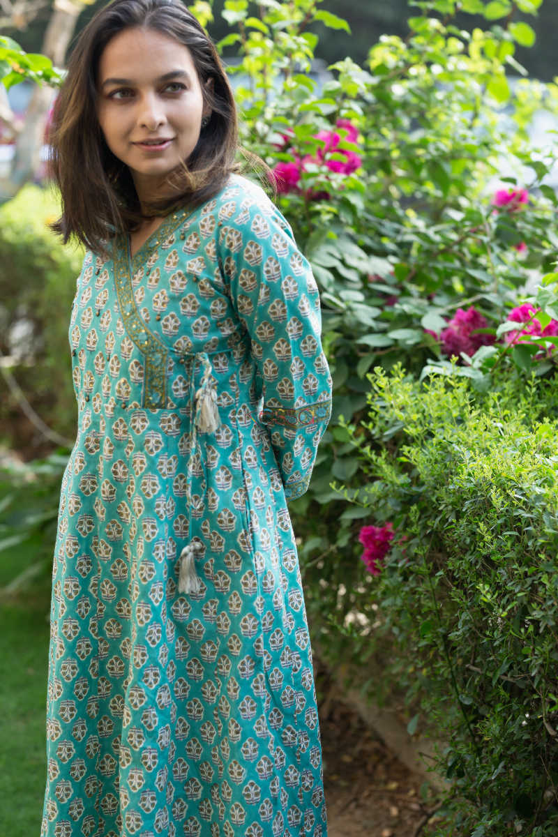 Image for Kusvaa Wsr177 Persian Green Hand Block Print Kurta 1 Top