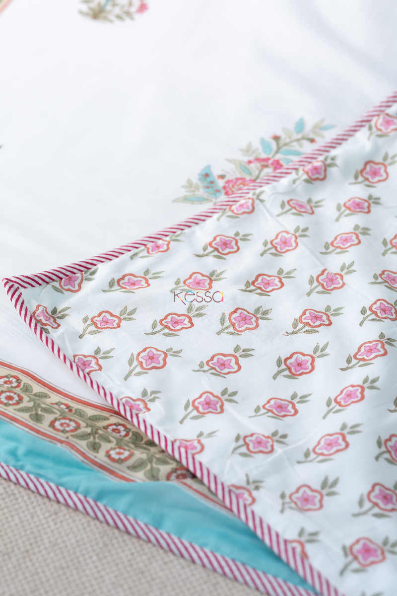 Image for Kusvaa Kad54 Persian Pink Flower Print Double Bed Dohar Closeup