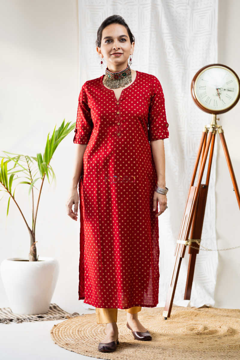 Image for Kusvaa Vcr28 Yakuti Cotton Kurta With Gold Print Look