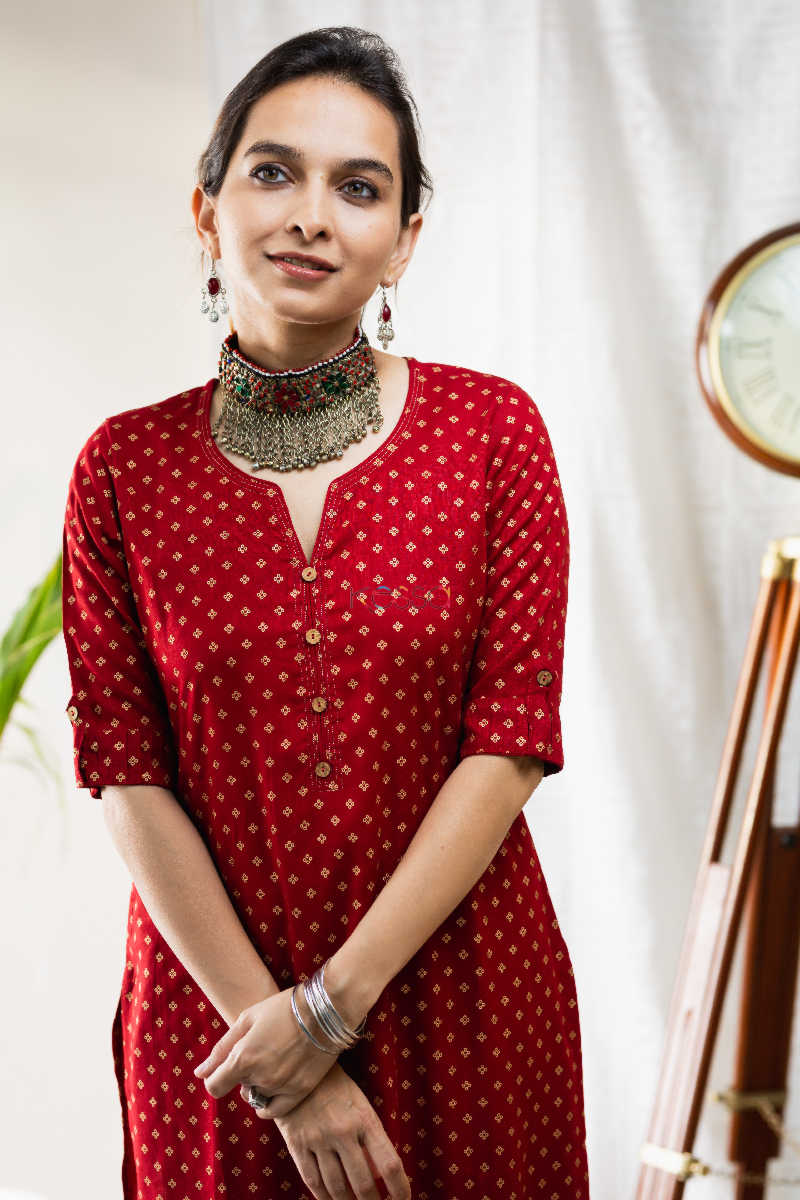Image for Kusvaa Vcr28 Yakuti Cotton Kurta With Gold Print Top