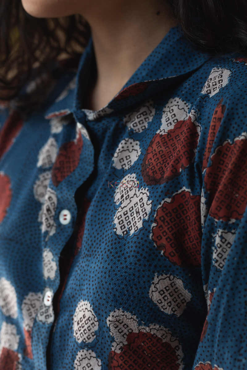 Image for Kusvaa Ws663 Neelini Cotton Short Top With Ajrakh Print Closeup