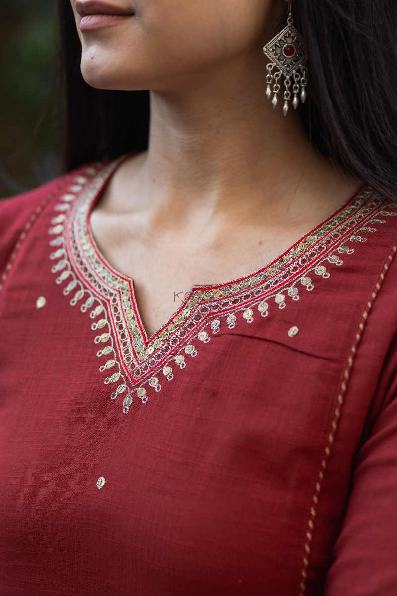 Image for Kusvaa Wsr178 Surkh Slub Cotton Kurta With Block Printed Chanderi Dupatta Neck