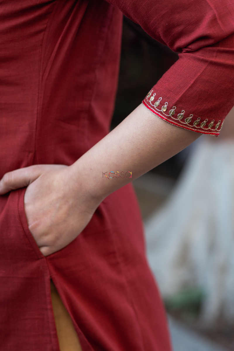 Image for Kusvaa Wsr178 Surkh Slub Cotton Kurta With Block Printed Chanderi Dupatta Pocket