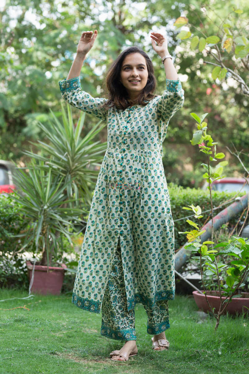Image for Kusvaa Wsr Faded Jade Green Block Print Kurta Pant Set Front