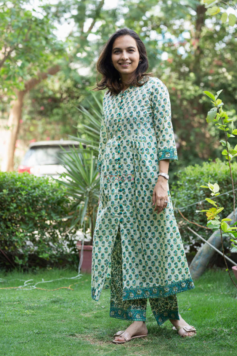 Image for Kusvaa Wsr Faded Jade Green Block Print Kurta Pant Set Look