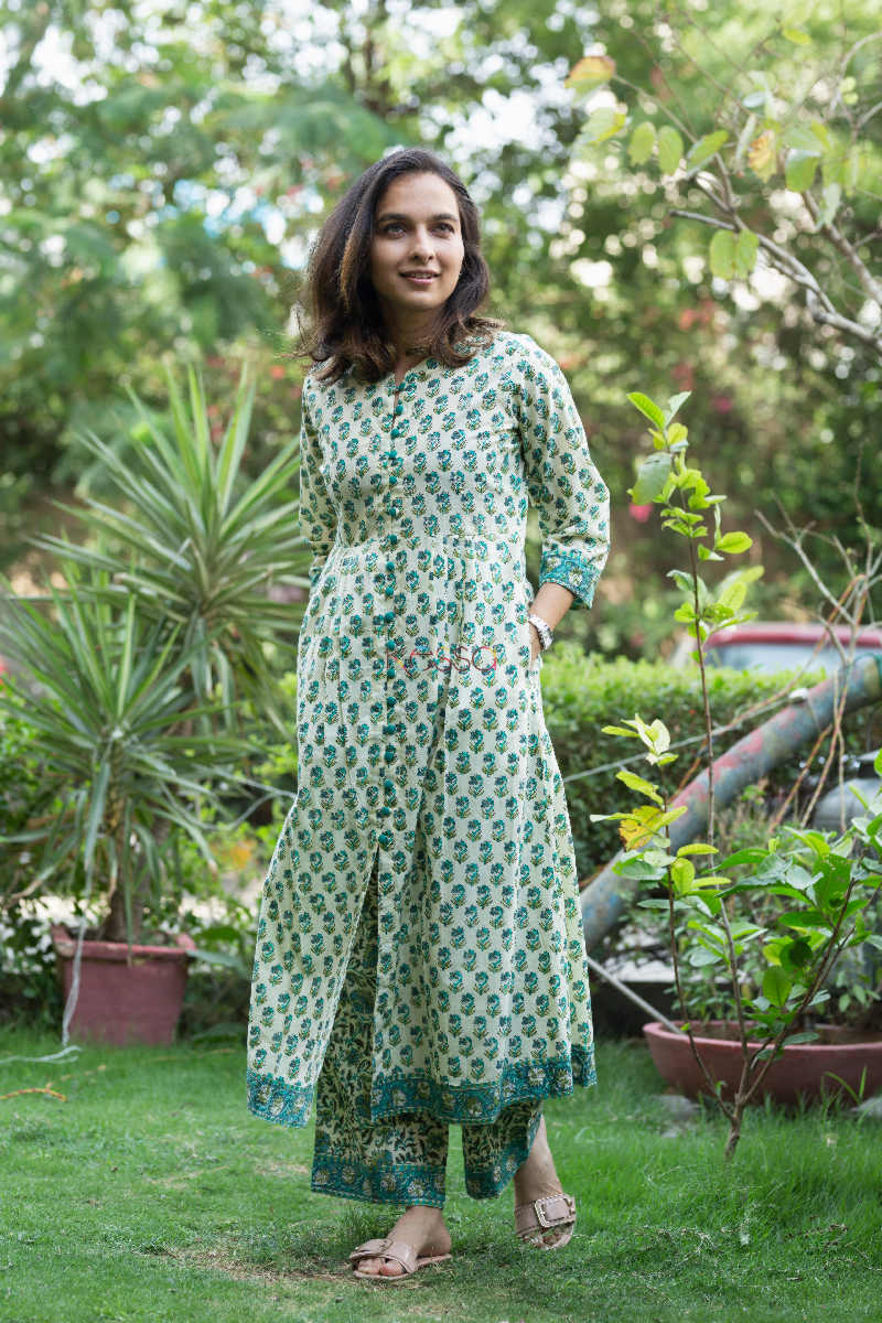 Image for Kusvaa Wsr Faded Jade Green Block Print Kurta Pant Set Look