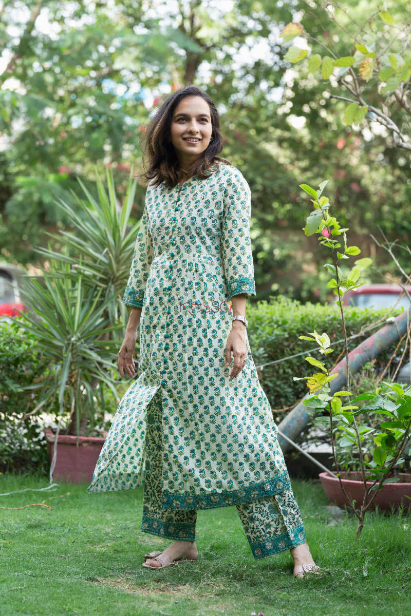 Image for Kusvaa Wsr Faded Jade Green Block Print Kurta Pant Set Side