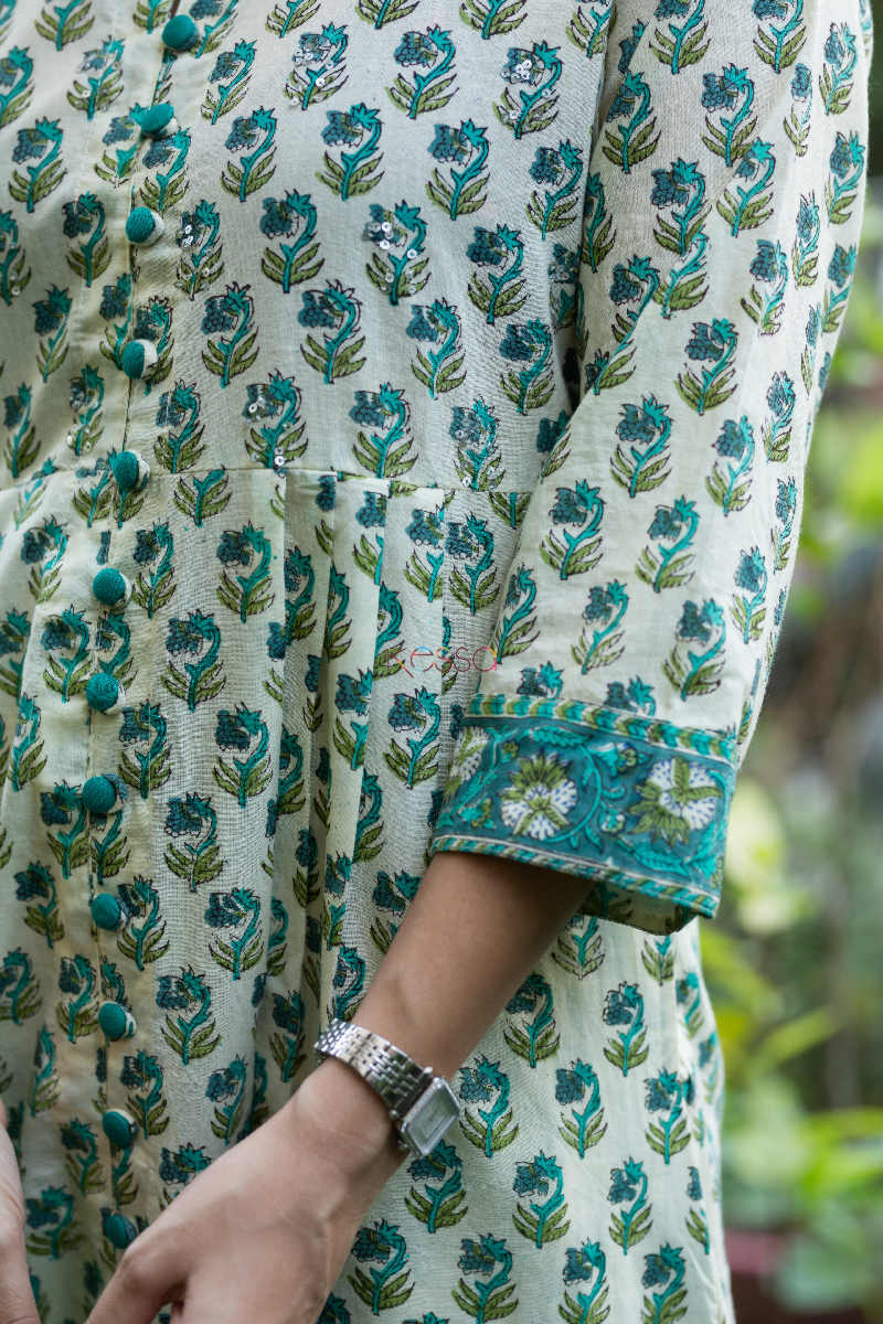 Image for Kusvaa Wsr Faded Jade Green Block Print Kurta Pant Set Sleeves