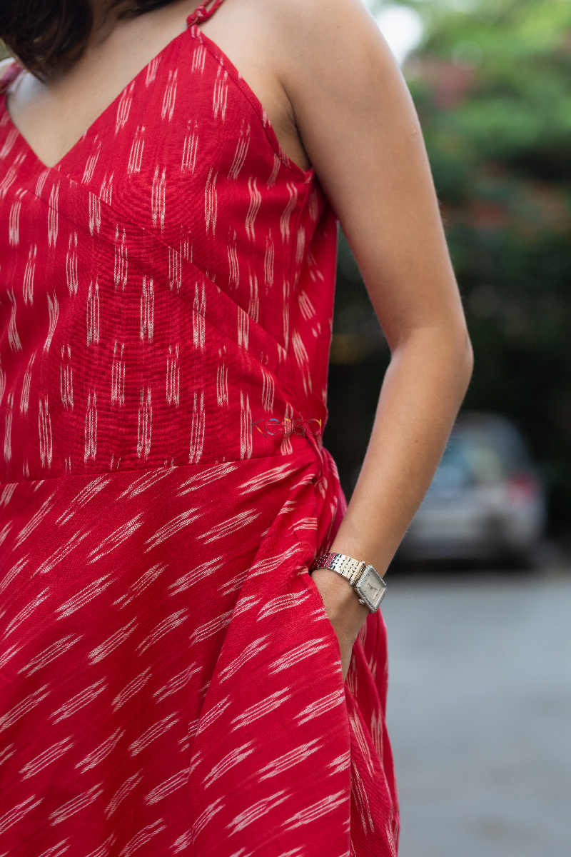 Image for Kusvaa Kcb Mehroon Ikkat Cotton Wrap Dress Closeup