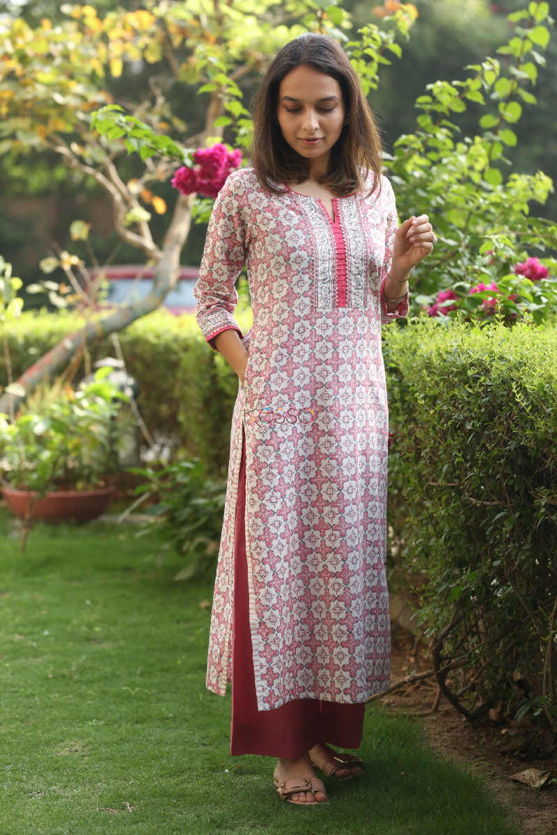 Image for Kusvaa Vcr35 Malati Hand Block Printed Kurta With Kota Doriya Dupatta Front 1