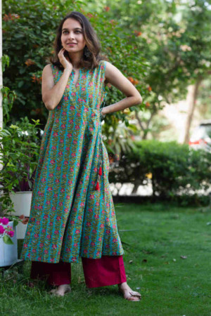 Image for Kusvaa Avdaf26 Viridian Green Angrakha A Line Kurta Featured
