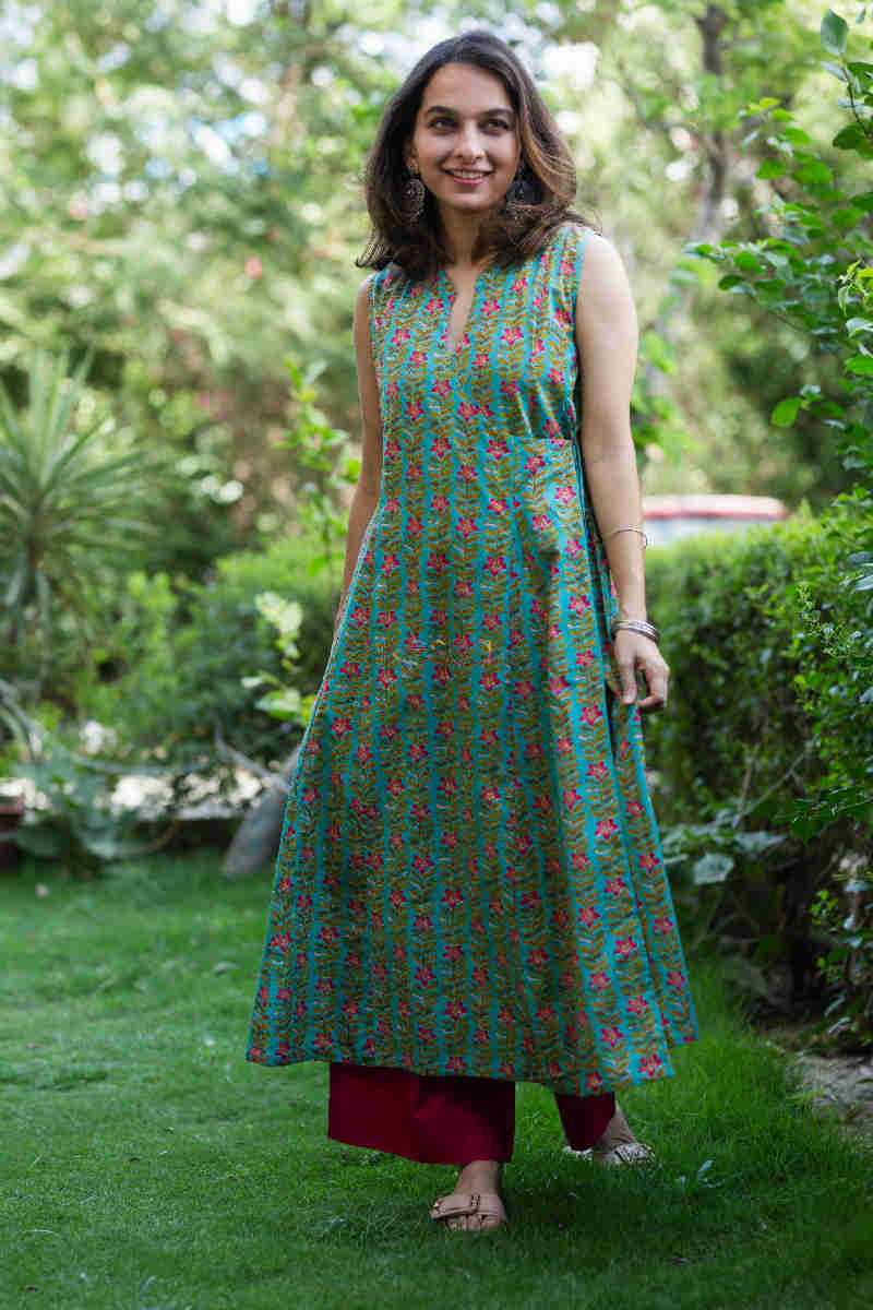 Image for Kusvaa Avdaf26 Viridian Green Angrakha A Line Kurta Front