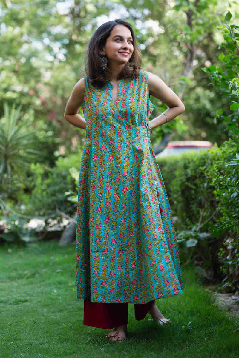 Image for Kusvaa Avdaf26 Viridian Green Angrakha A Line Kurta Look 1