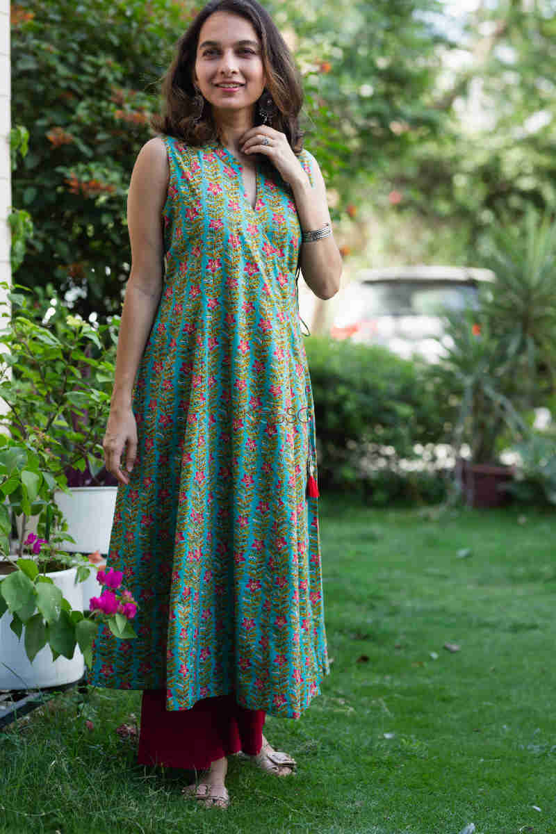 Image for Kusvaa Avdaf26 Viridian Green Angrakha A Line Kurta Look