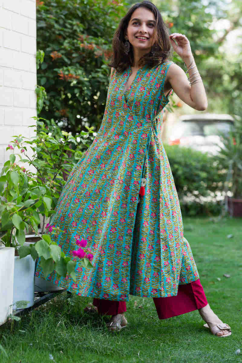 Image for Kusvaa Avdaf26 Viridian Green Angrakha A Line Kurta View
