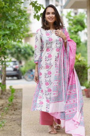 Image for Kusvaa Kuoj143 Athens Gray Block Print Kurta Dupatta Set Featured