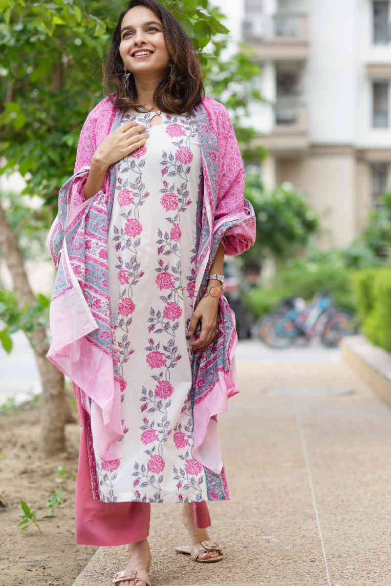 Image for Kusvaa Kuoj143 Athens Gray Block Print Kurta Dupatta Set Front