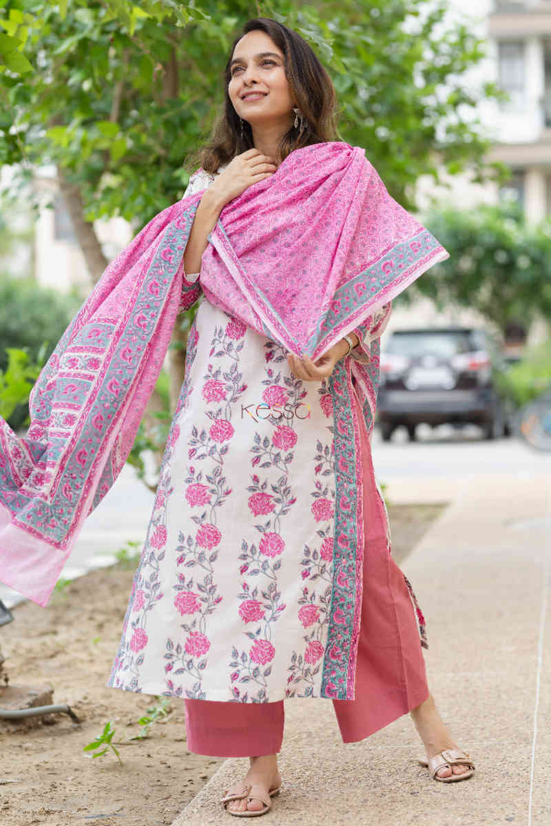 Image for Kusvaa Kuoj143 Athens Gray Block Print Kurta Dupatta Set Look
