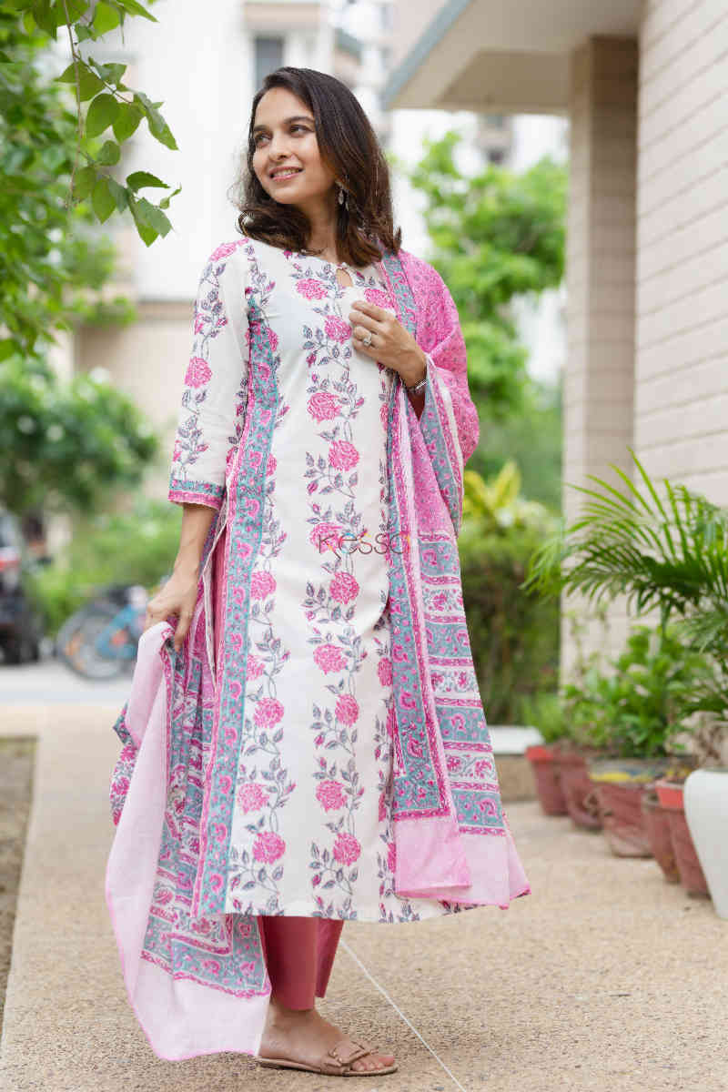 Image for Kusvaa Kuoj143 Athens Gray Block Print Kurta Dupatta Set Side