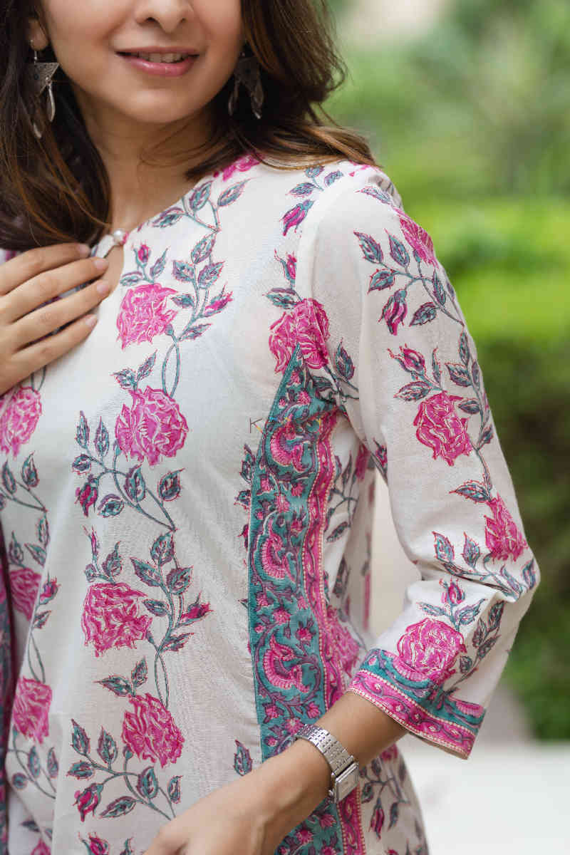 Image for Kusvaa Kuoj143 Athens Gray Block Print Kurta Dupatta Set Sleeves