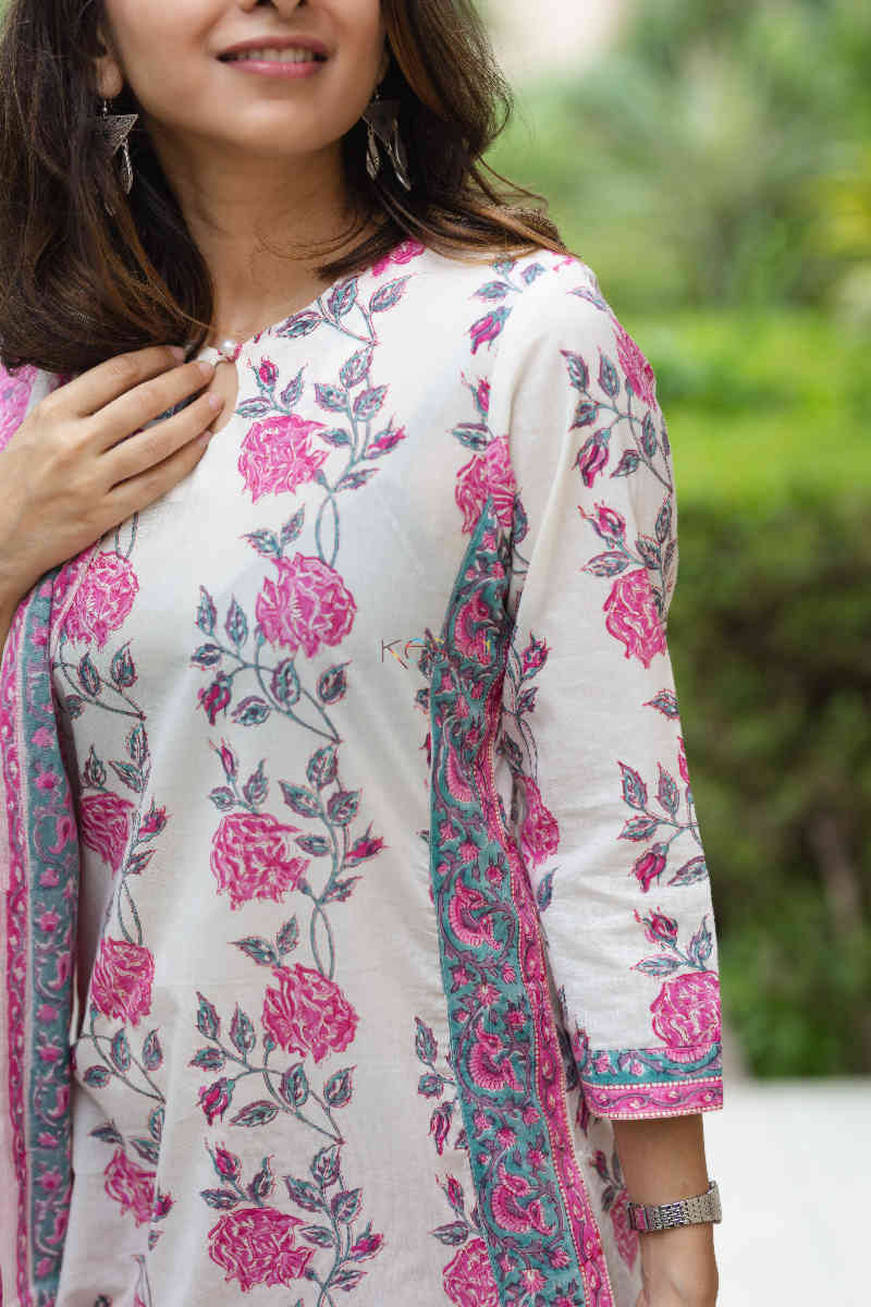 Image for Kusvaa Kuoj143 Athens Gray Block Print Kurta Dupatta Set Top