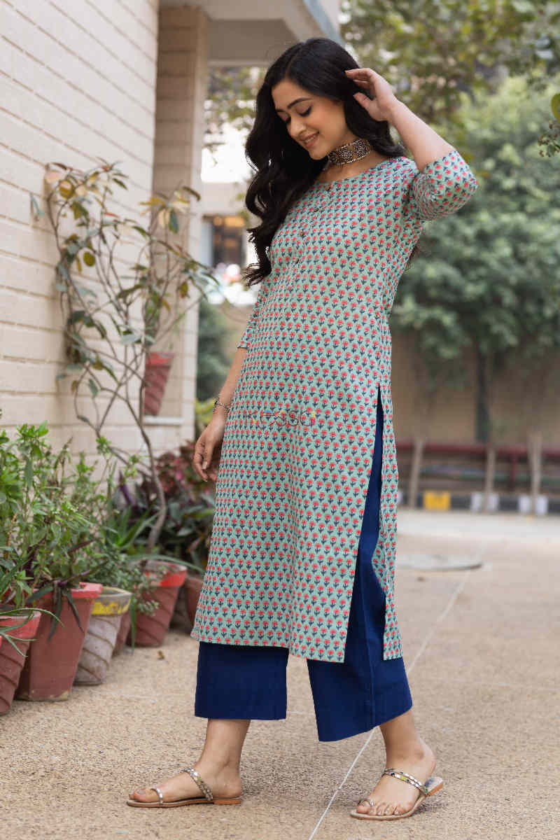 Image for Kusvaa Taf51 Summer Turquoise Regular Wear Kurta Side