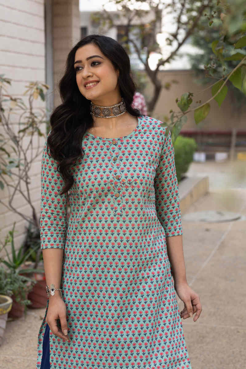 Image for Kusvaa Taf51 Summer Turquoise Regular Wear Kurta Top