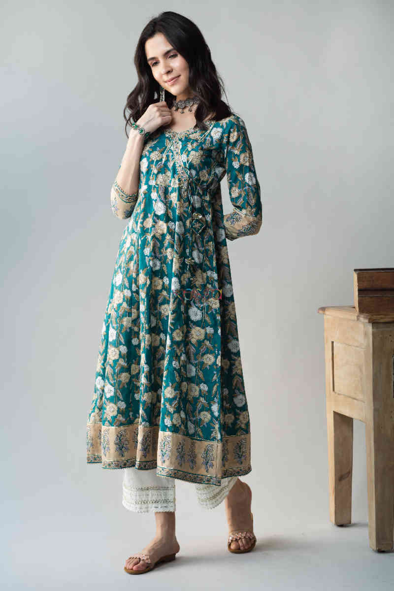 Image for Kusvaa Ws686 Panna Kalidar Kurta With Gota Patti Work And Tassels New Featured