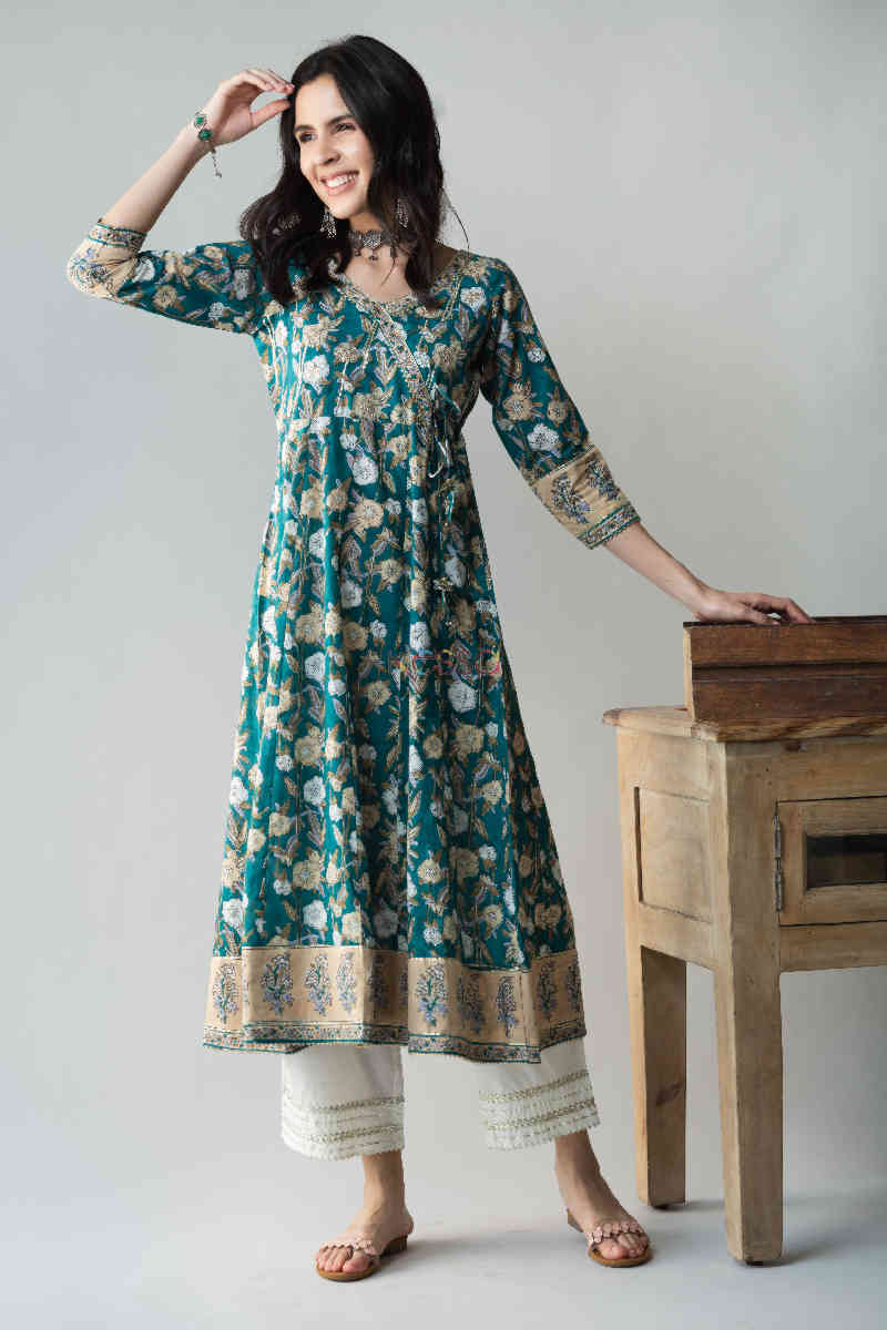 Image for Kusvaa Ws686 Panna Kalidar Kurta With Gota Patti Work And Tassels New Front