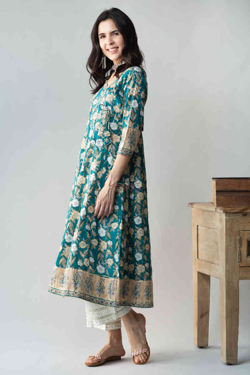 Image for Kusvaa Ws686 Panna Kalidar Kurta With Gota Patti Work And Tassels New Look
