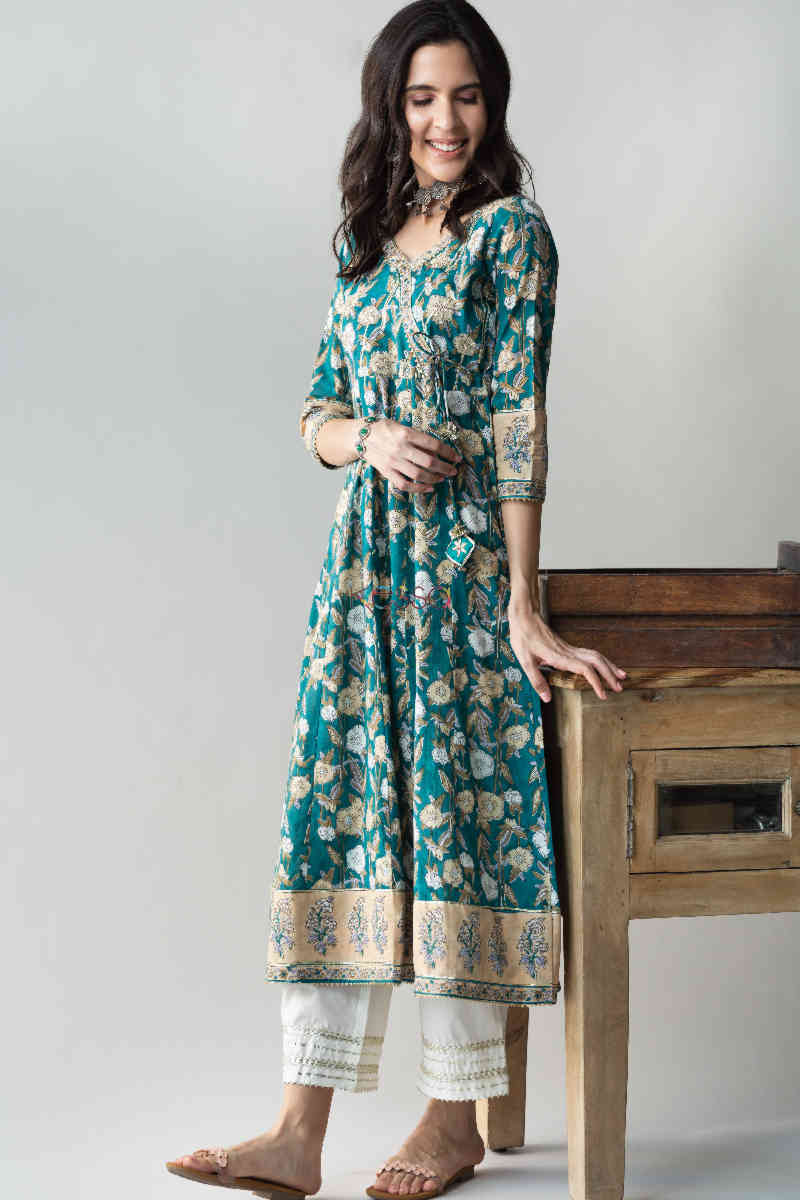 Image for Kusvaa Ws686 Panna Kalidar Kurta With Gota Patti Work And Tassels New Side