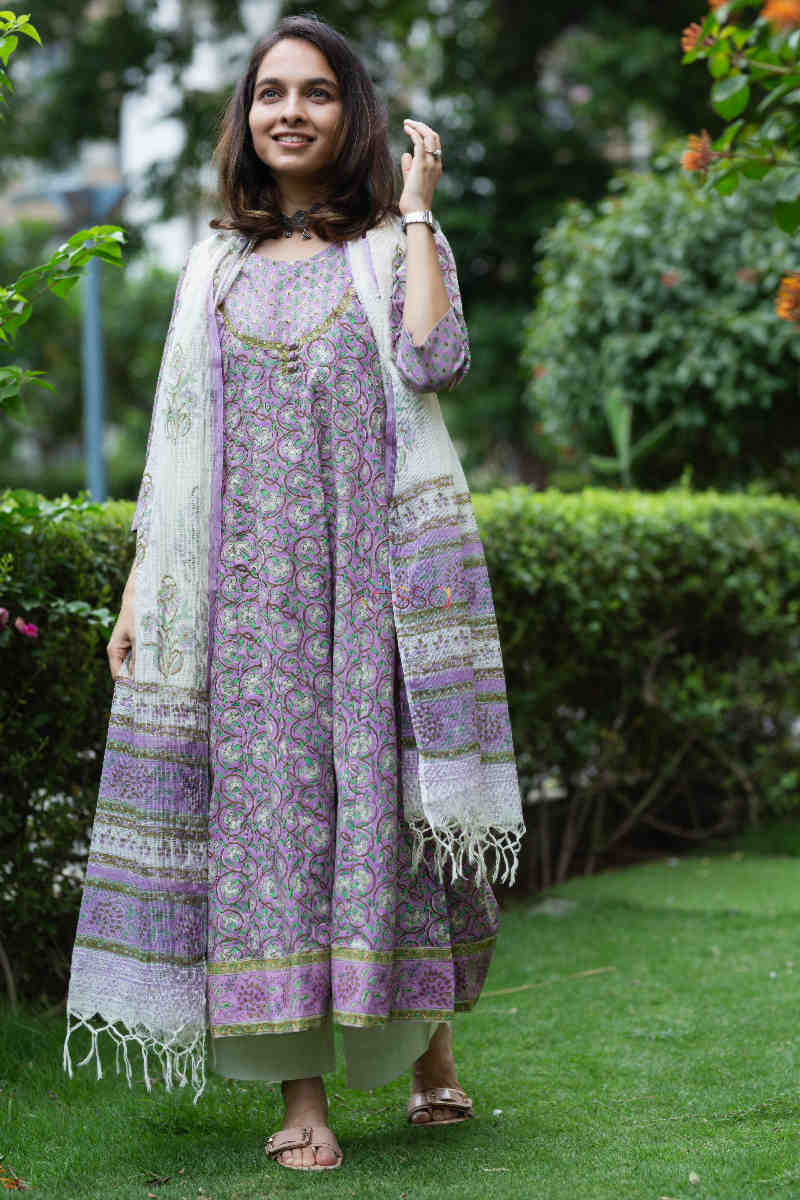 Image for Kusvaa Wsr190 Banafsha Anarkali And Dupatta Set With Hand Block Print Front 2